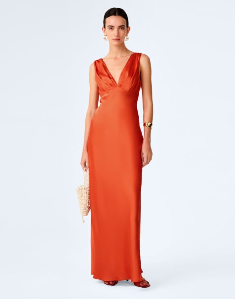Omnes Dresses casey  v-neck satin maxi dress in burnt orange in orange - view 1