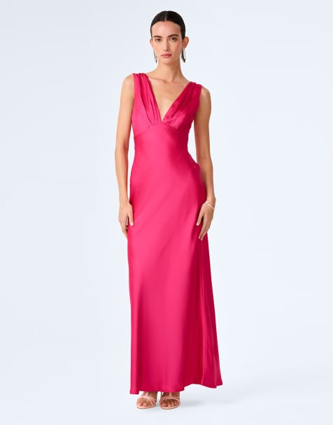 Omnes casey v-neck satin maxi dress in magenta