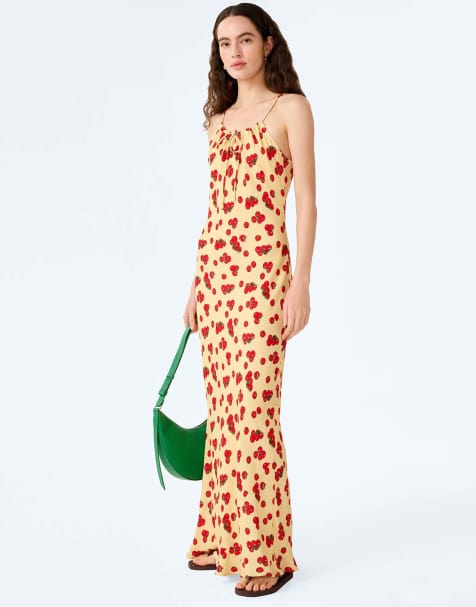 Omnes Dresses cecile crepe midi slip dress in tomato print in yellow - view 1