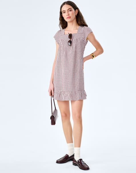 Omnes Dresses delphine seersucker gingham cotton short sleeve mini dress in chocolate brown in brown