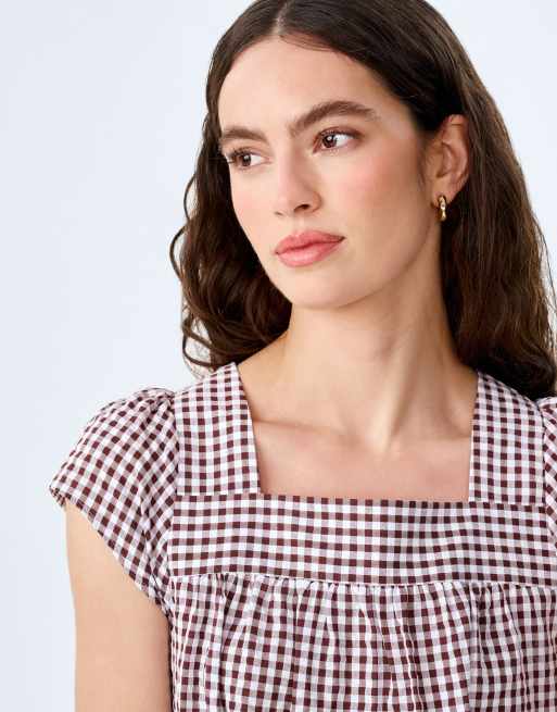 Omnes Dresses delphine seersucker gingham cotton short sleeve mini dress in  chocolate brown in brown | ASOS