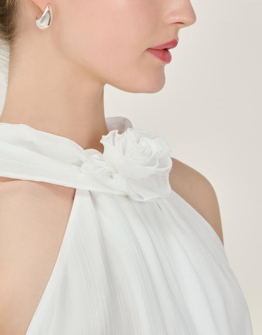 Omnes Dresses demi chiffon mini dress with rosette detail in ivory in white, 4 of 4
