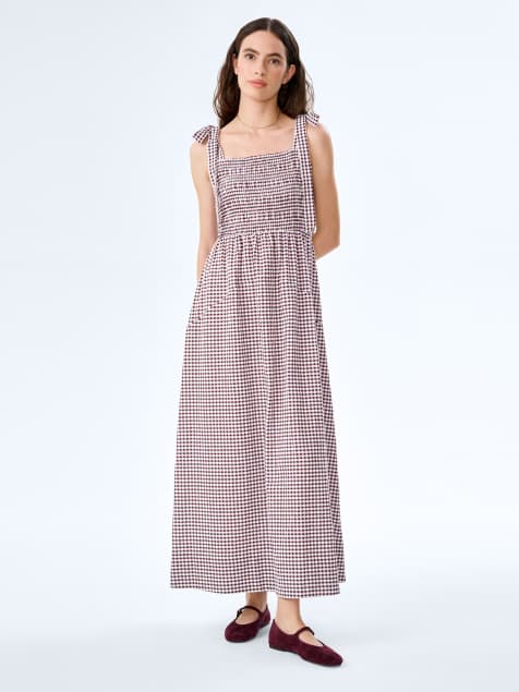 Omnes Dresses dixie seersucker ginghman cotton midi dress in brown - view 1