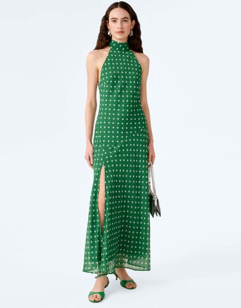 Omnes Dresses elsie halterneck midi dress in emerald green star print in green - view 1