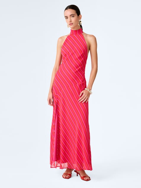 Omnes Dresses elsie striped halterneck midi dress in pink and orange  - view 1