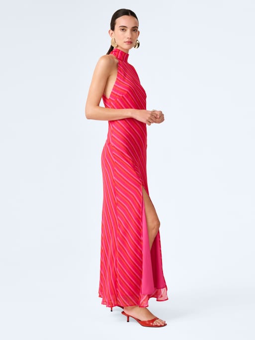 Omnes Dresses elsie striped halterneck midi dress in pink and orange , 2 of 4