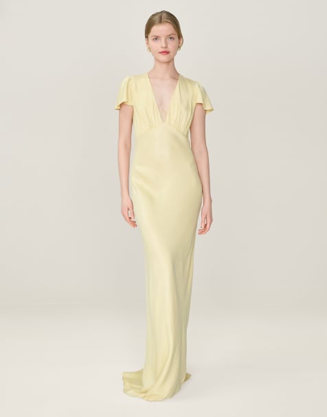 Omnes Dresses fai satin maxi dress with cap sleeve in butter yellow in yellow