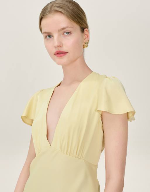 Omnes Dresses fai satin maxi dress with cap sleeve in butter yellow , 4 of 4