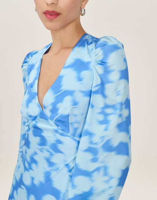 Omnes Dresses francoise long sleeve floral satin maxi dress with open back in powder blue , 2 of 4