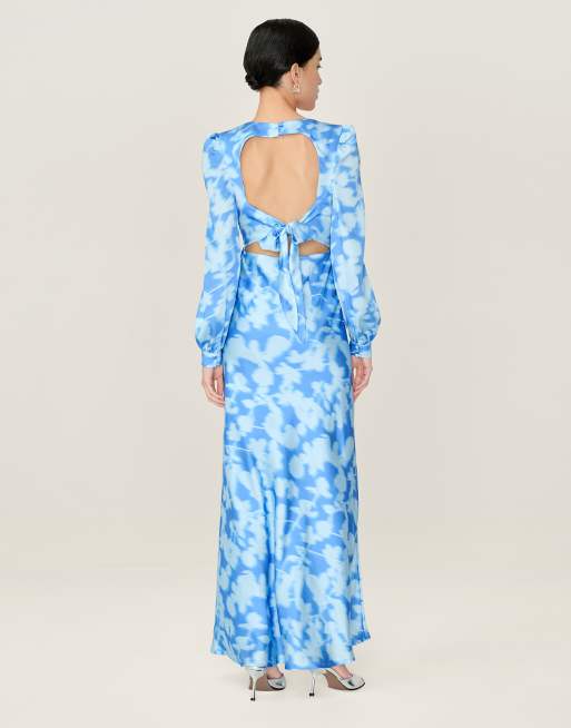 Omnes Dresses francoise long sleeve floral satin maxi dress with open back in powder blue , 3 of 4