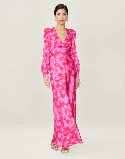 Omnes Dresses francoise long sleeve floral satin midi dress with open back in magenta in pink