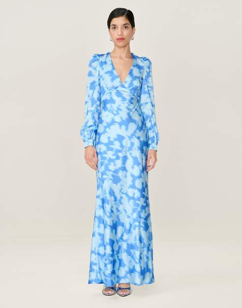 Omnes Dresses francoise long sleeve floral satin midi dress with open back in powder blue in blue