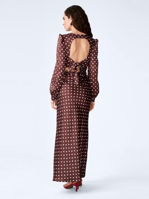 Omnes Dresses francoise long-sleeved satin midi dress with open back in chocolate brown in brown - view 1