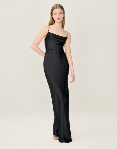 Omnes Dresses ginny black satin maxi dress with lace-up back in black - view 1