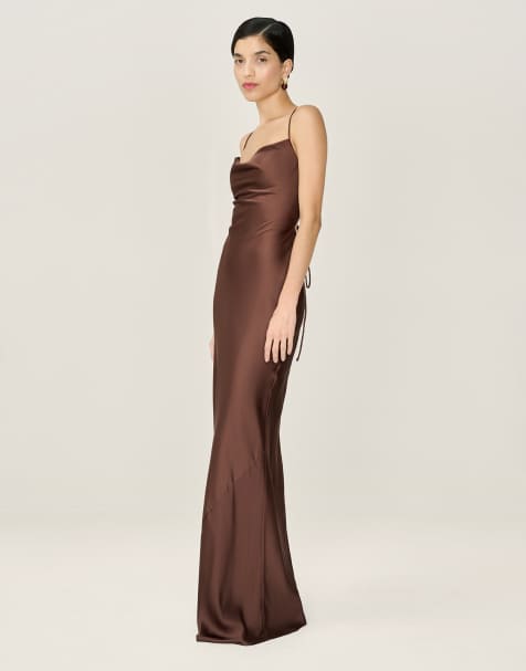 Omnes Dresses ginny satin maxi dress with lace-up back in chocolate brown in brown