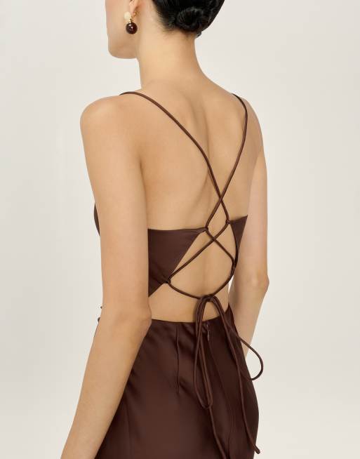 Omnes Dresses ginny satin maxi dress with lace-up back in chocolate brown , 4 of 4