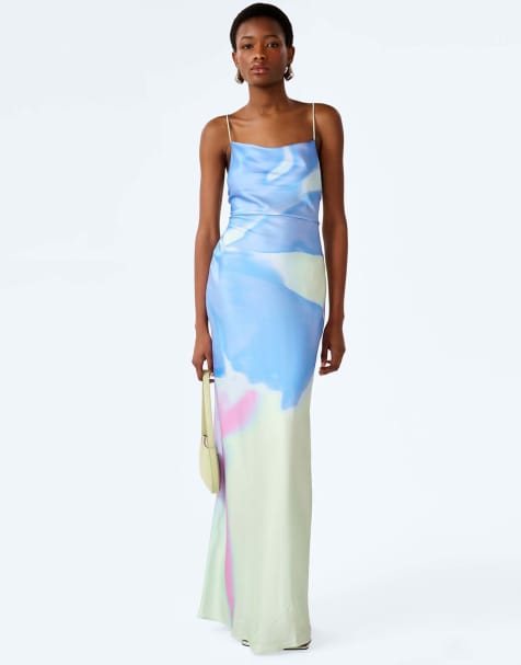 Omnes dresses ginny satin maxi dress with lace-up back in mint glitched floral in green - view 1