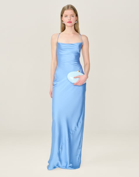 Omnes Dresses ginny satin maxi dress with tie-back in pastel blue 