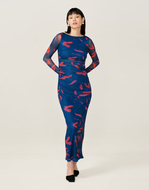 Omnes Dresses hollis maxi high neckline long sheer sleeve dress in blue - view 1