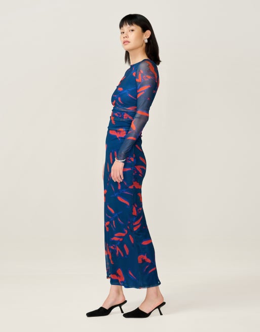 Omnes Dresses hollis maxi high neckline long sheer sleeve dress in blue , 2 of 4