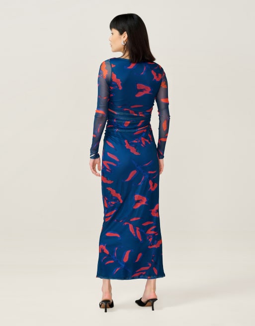 Omnes Dresses hollis maxi high neckline long sheer sleeve dress in blue , 3 of 4