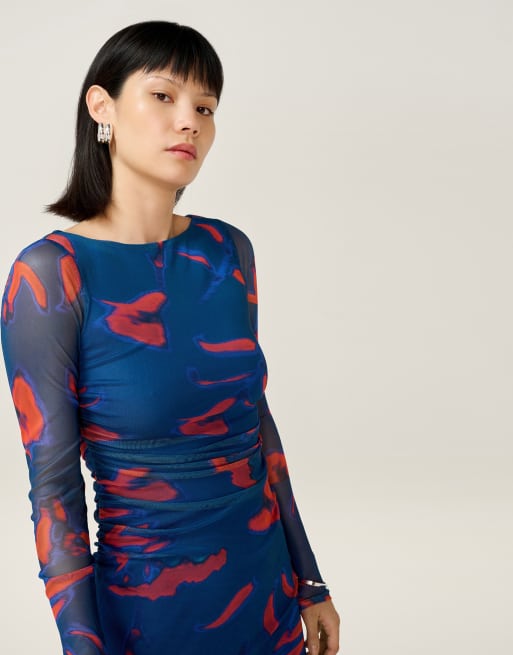 Omnes Dresses hollis maxi high neckline long sheer sleeve dress in blue , 4 of 4