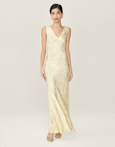 Omnes Dresses iris floral jacquard midi slip dress in butter yellow in yellow
