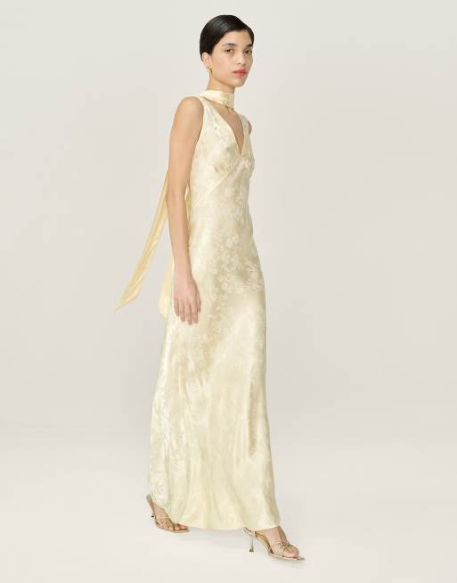 Omnes Dresses iris floral jacquard midi slip dress in butter yellow, 3 of 4