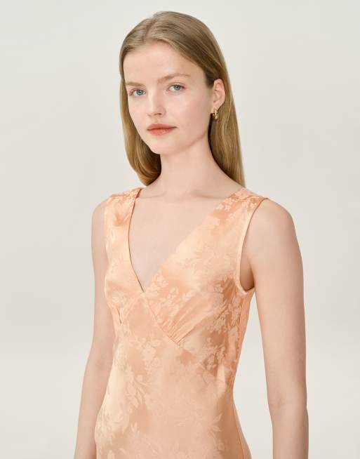 Omnes Dresses iris floral jacquard midi slip dress in peach in orange, 2 of 6