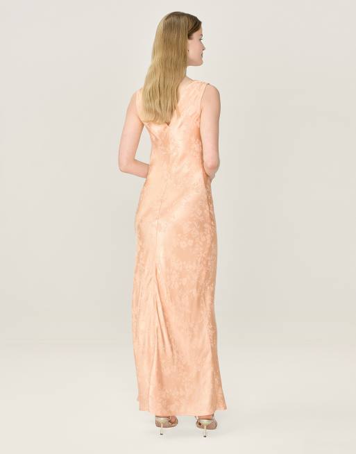 Omnes Dresses iris floral jacquard midi slip dress in peach in orange, 4 of 6