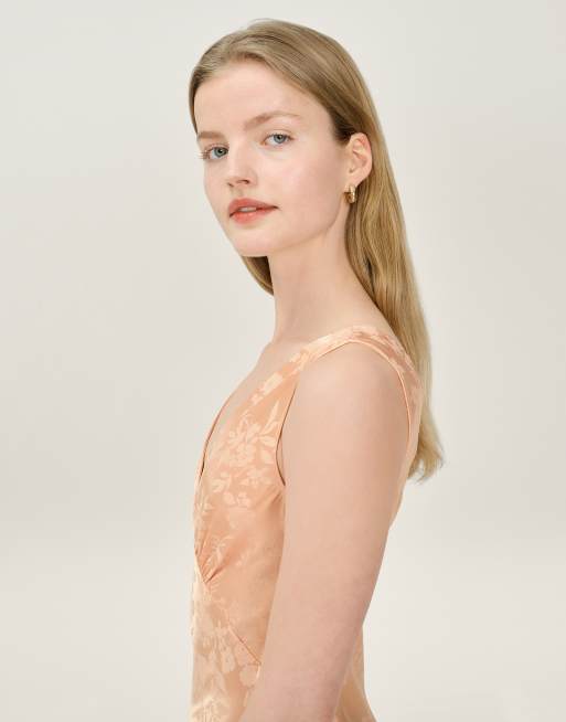 Omnes Dresses iris floral jacquard midi slip dress in peach in orange, 5 of 6