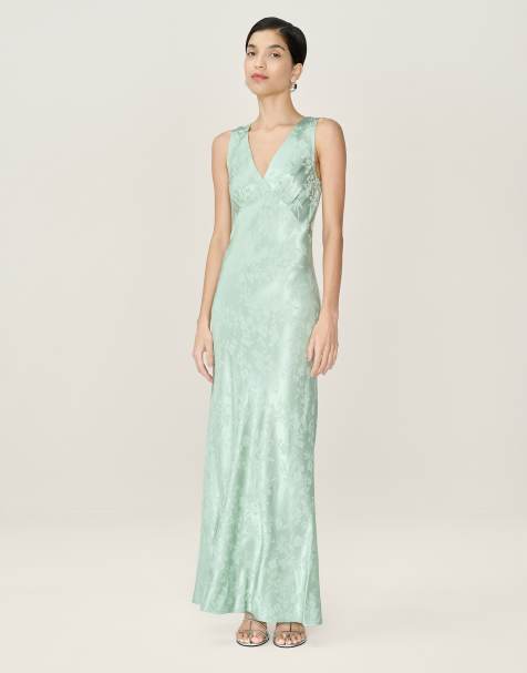 Omnes Dresses iris floral jacquard midi slip dress in sage green in green