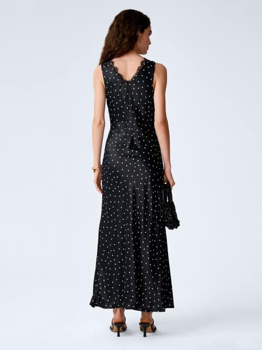 Omnes Dresses jennifer polka dot slip dress with lace applique in black, 2 of 4