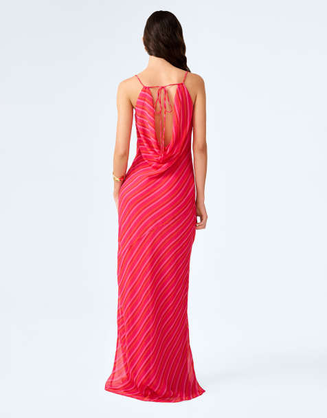 Omnes Dresses koko cowl back chiffon maxi dress in pink and orange stripe in red - view 1