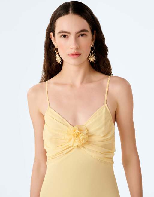 Omnes Dresses lisa chiffon maxi dress with rosette detail in butter yellow, 4 of 5