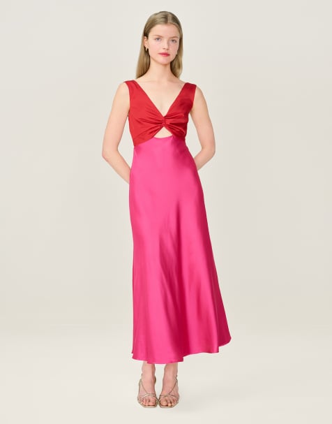 Omnes Dresses maggy colourblock satin midi dress in pink and red in magenta