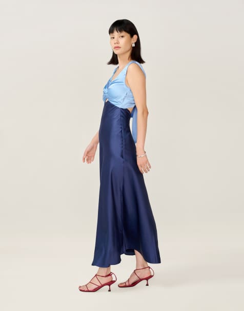 Omnes Dresses maggy satin maxi cutout back detail dress in two-tone blue in blue