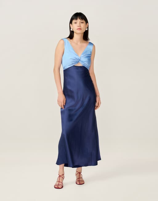 Omnes Dresses maggy satin maxi cutout back detail dress in two-tone blue, 4 of 4