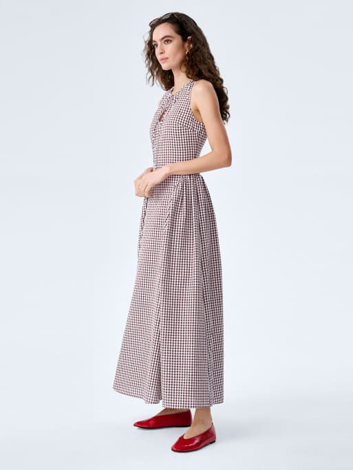 Omnes Dresses margate sleeveless seersucker gingham cotton midi dress in brown, 2 of 4