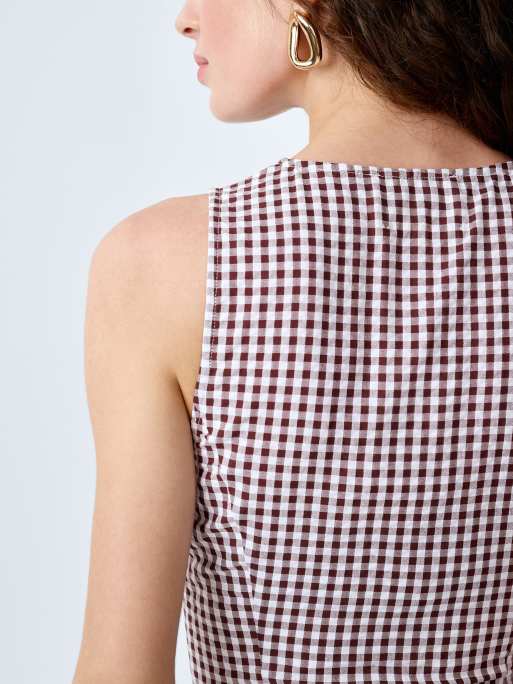 Omnes Dresses margate sleeveless seersucker gingham cotton midi dress in brown, 3 of 4
