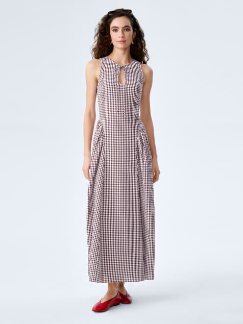 Omnes Dresses margate sleeveless seersucker gingham cotton midi dress in chocolate in brown