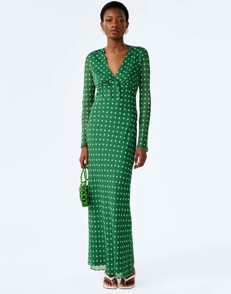 Omnes Dresses marj long sleeve sheer chiffon maxi dress in emerald green  - view 1