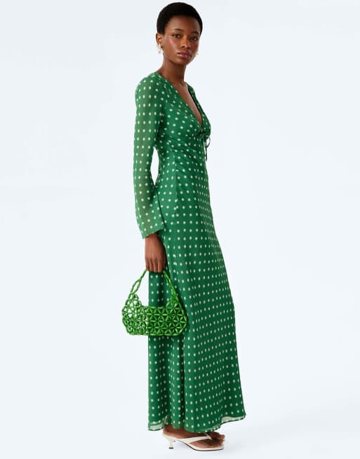 Omnes Dresses marj long sleeve sheer chiffon maxi dress in emerald green , 3 of 5