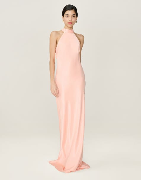 Omnes Dresses milos halterneck maxi dress with sash detail in peach in orange