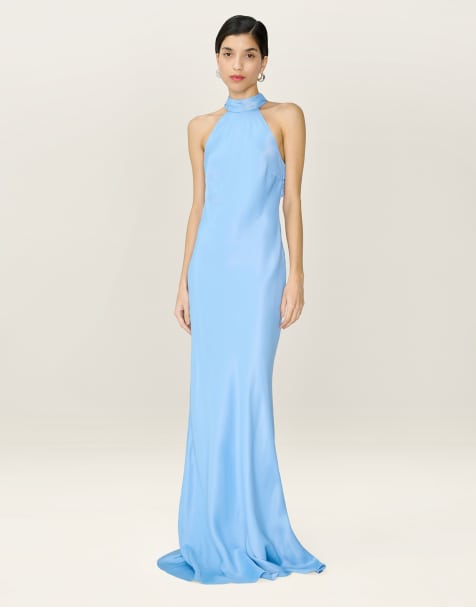 Omnes Dresses milos halterneck maxi dress with sash detail in powder blue 