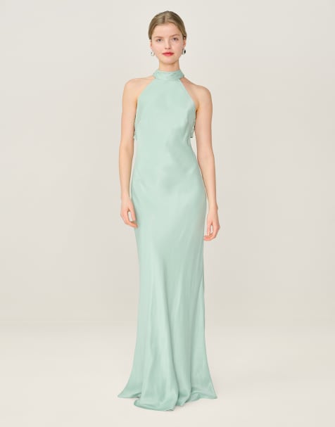 Omnes Dresses milos halterneck maxi dress with sash detail in sage green in green