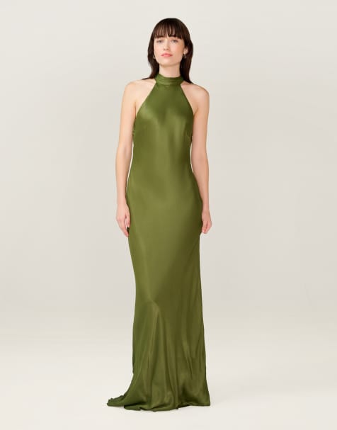 Omnes Dresses milos maxi halter neckline dress in green with back bow detail in green