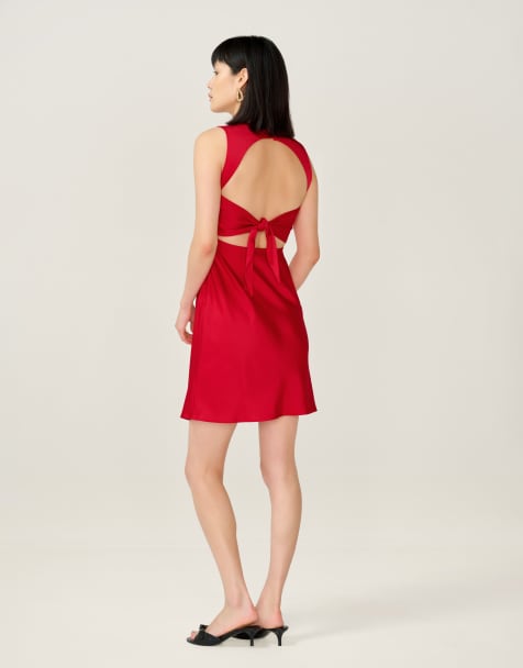 Omnes Dresses mini nova v-neck open-back with tie detail dress in cherry red - view 1