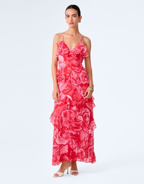 Omnes Dresses missy chiffon floral midi dress with ruffles in red - view 1