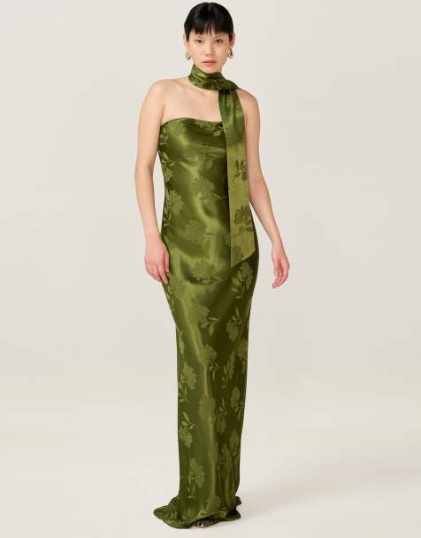 Omnes Dresses myla maxi fitted viscose floral jacquard dress in green with matching scarf detail in green